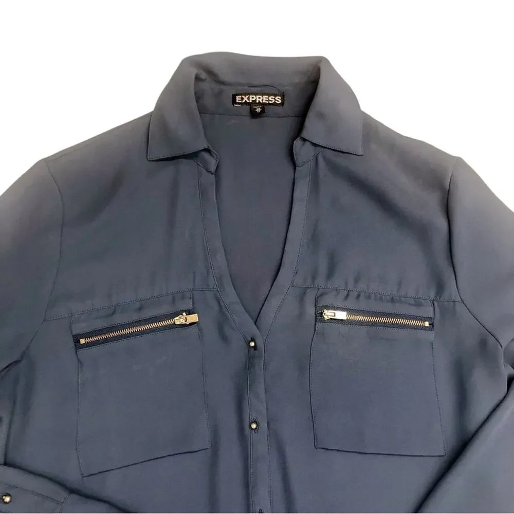 Express Blue Two Front Zip Pockets V Neck Breezy Popover Blouse Roll Tab Sleeve